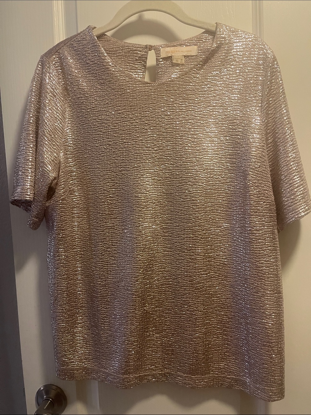 Monteau Metallic Short Sleeve Shimmer Top - Silver
